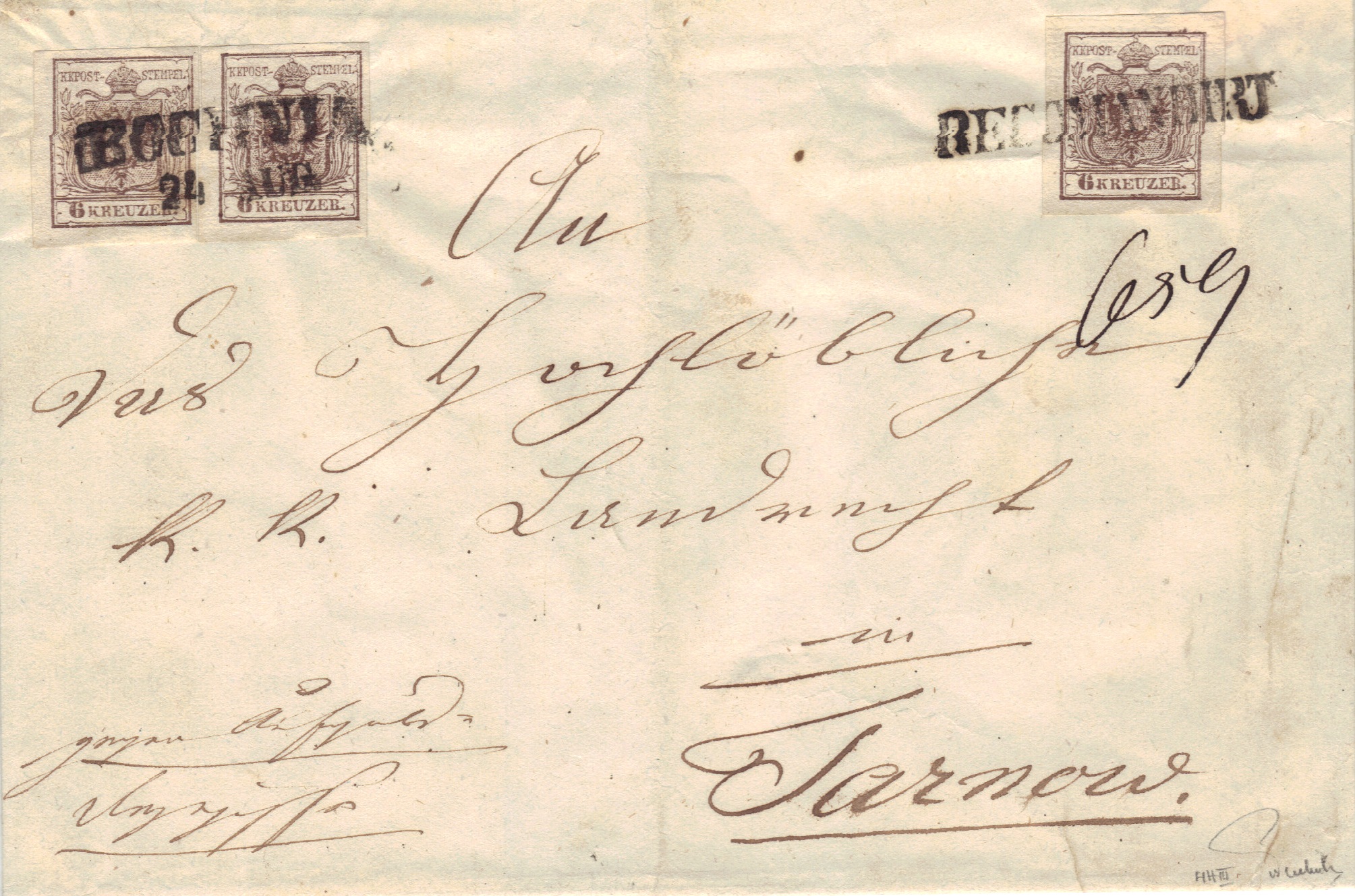 Briefpaar mit vorderseitiger Anbringung der Rekofrankatur