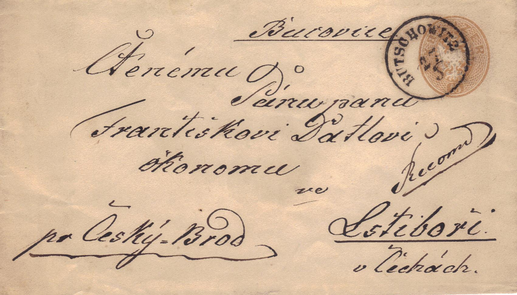 Butschowitz; Auf diesem 15 kr. Reko-Umschlag wurde der Rekostempel vom Postmeister wohl vergessen
