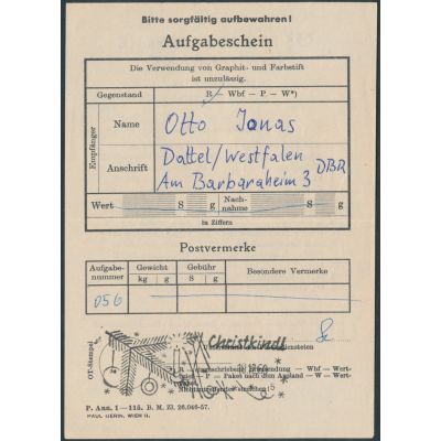 Christkindl Aufgabeschein 1960