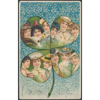 Neujahrskarte mit Kleeblat und Frauen